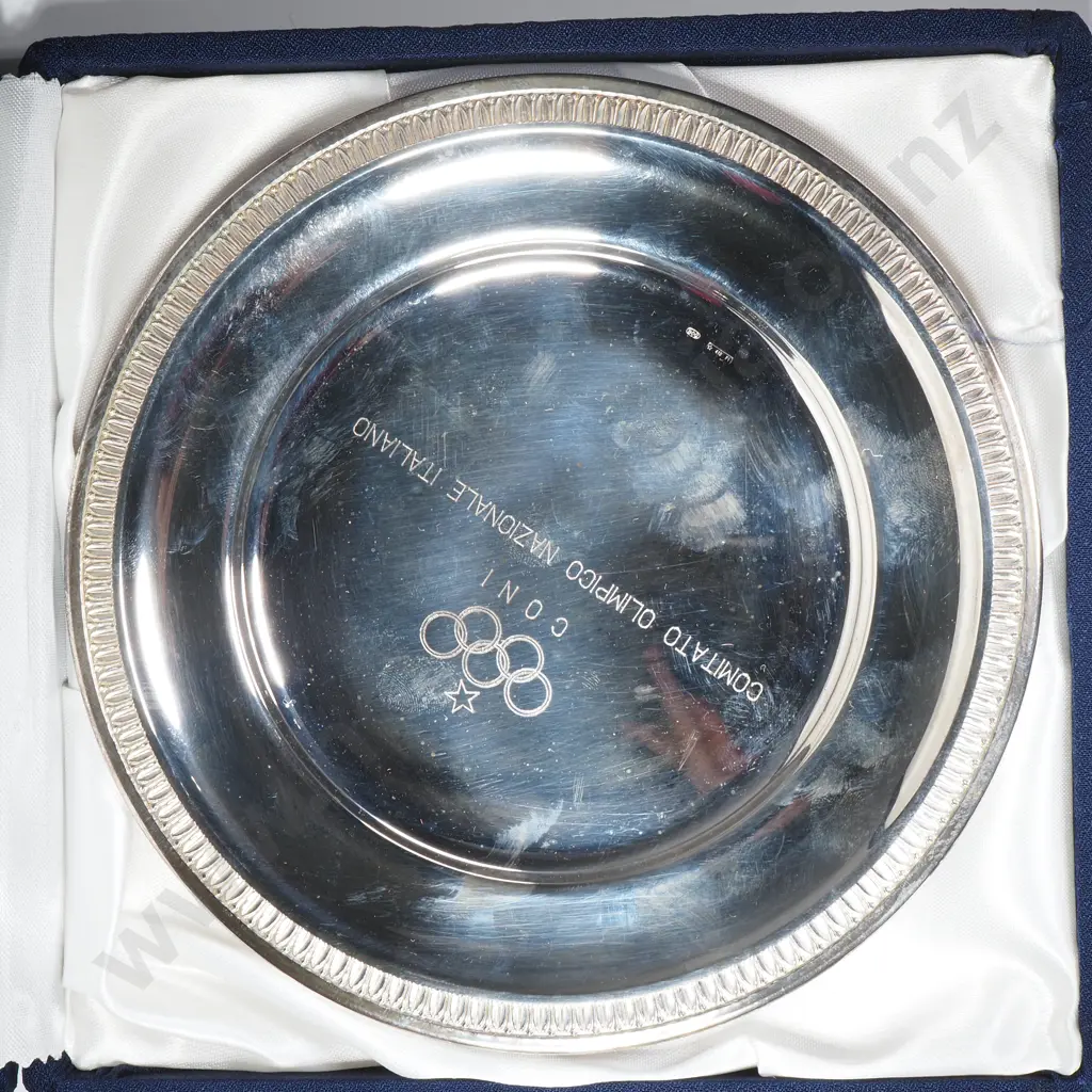 Boxed Silver Salver Inscribed National Italian Olympic Committee (in Italian) & Stamped 800 & MakersMark Image 1++