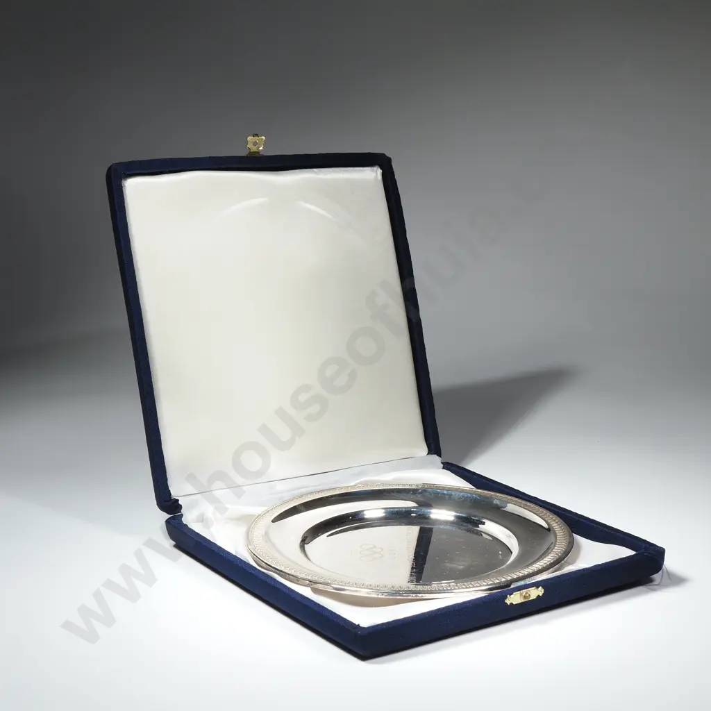 Boxed Silver Salver Inscribed National Italian Olympic Committee (in Italian) & Stamped 800 & MakersMark Image 1++