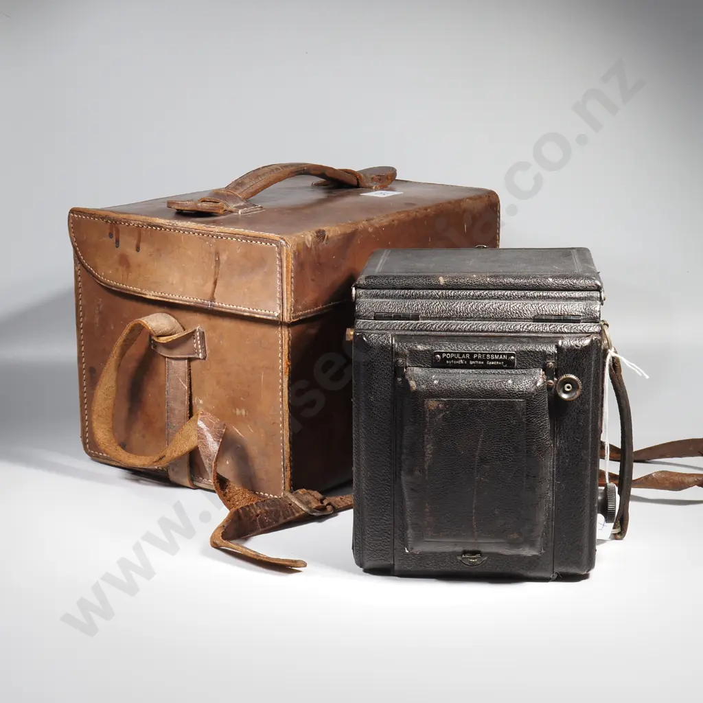 Vintage Popular Pressman Single Lens Reflex Plate Camera by W Butcher & Sons in Black Leatherette w Leather Case Image 1++