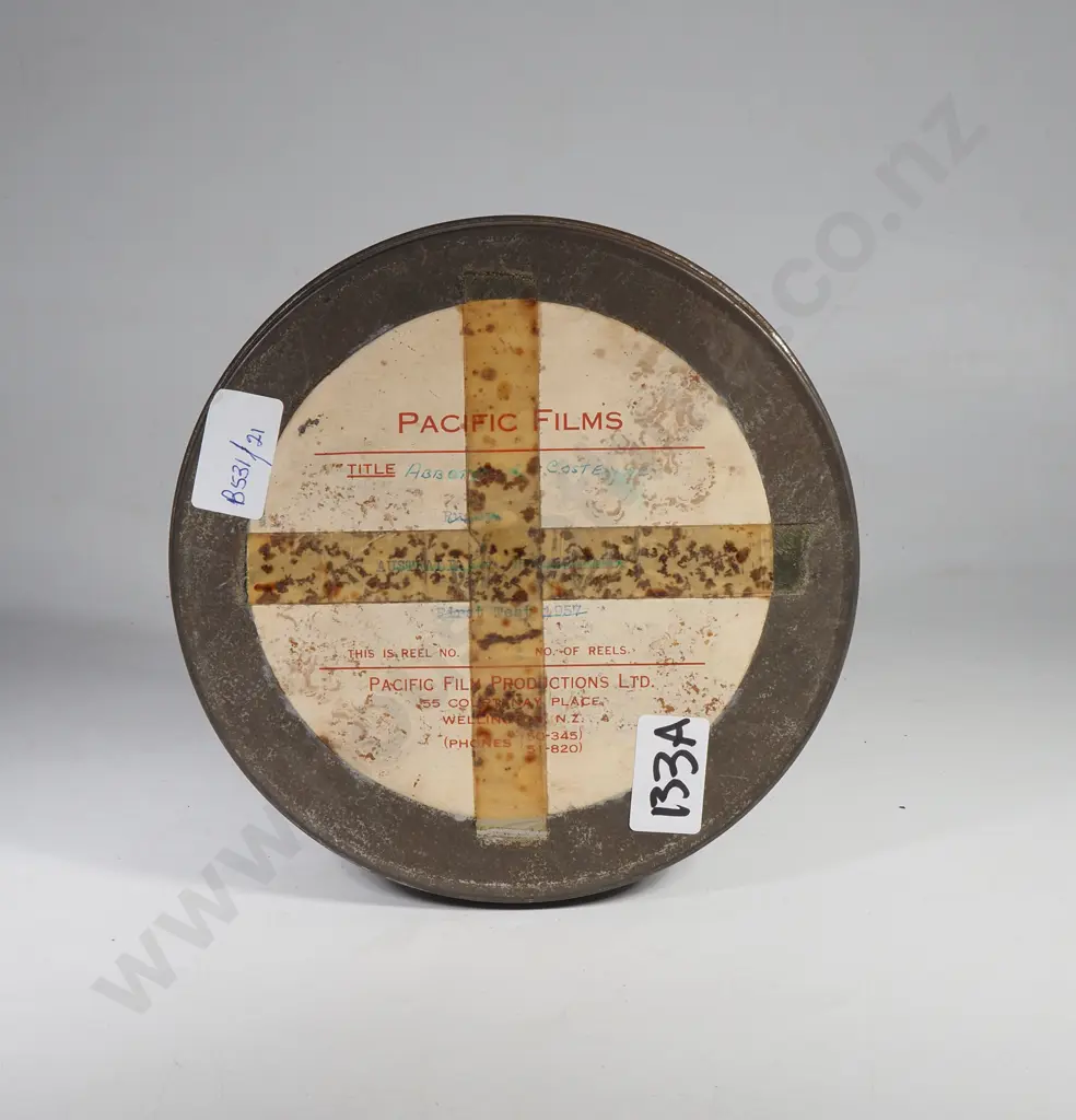 Vintage Metal 'Pacific Films Production Ltd' Film Reel Canister w "Abbott & Costello" Film Image 1++