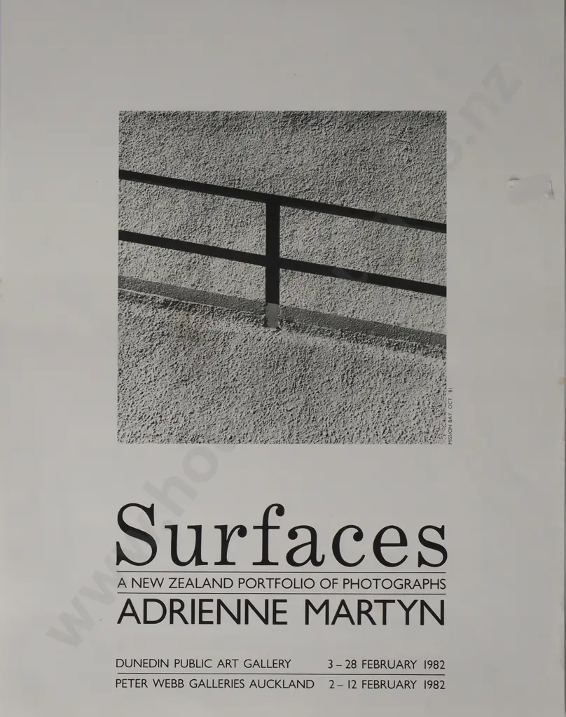 Vintage Exhibition Poster for 'Surfaces: A New Zealand Portfolio of Photographs' by Art Photographer Adrienne Martyn Image 1++