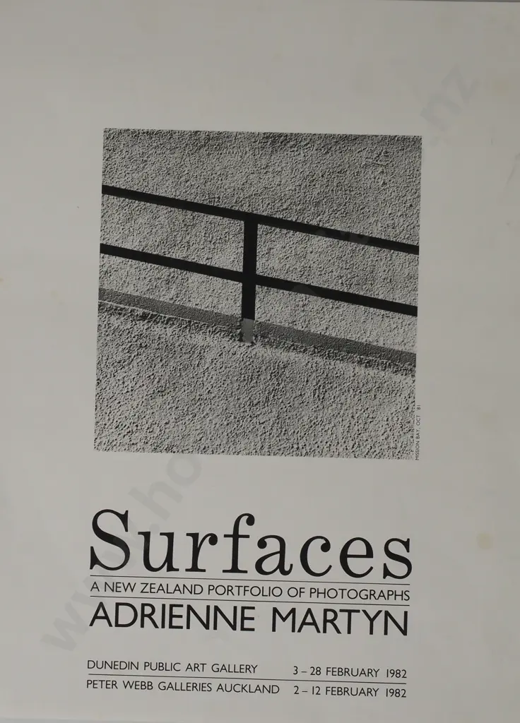 Vintage Exhibition Poster for 'Surfaces: A New Zealand Portfolio of Photographs' by Art Photographer Adrienne Martyn Image 1++