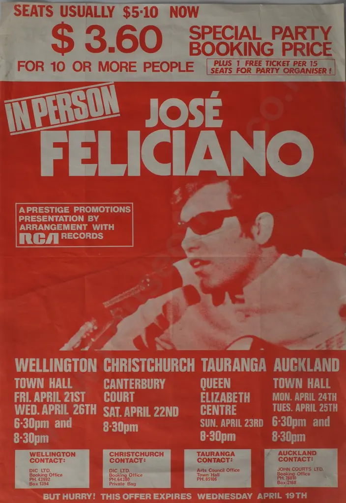 Vintage 'Jose Feliciano' NZ Tour Promotional Poster Image 1++