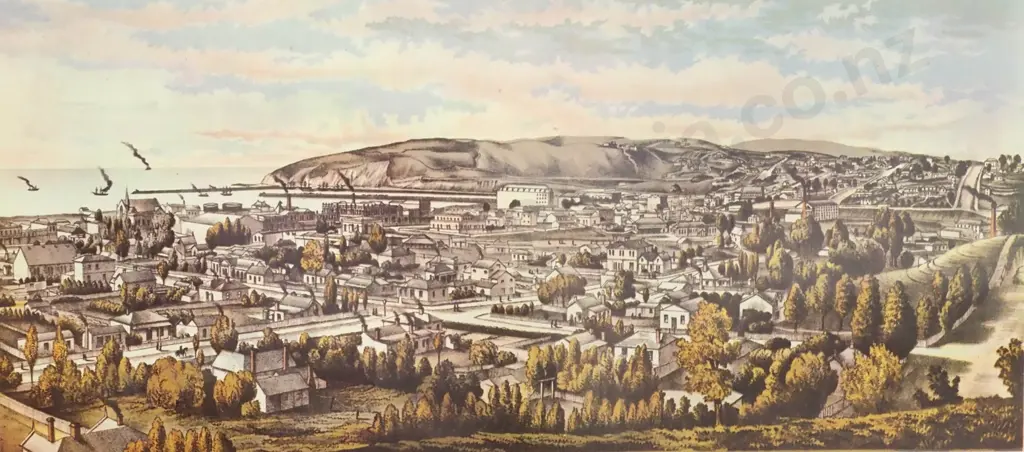 Panoramic View of Oamaru, 19th Century Chromolithograph by A D Willis Image 1++
