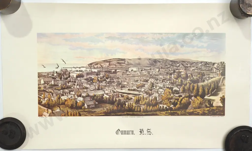 Panoramic View of Oamaru, 19th Century Chromolithograph by A D Willis Image 1++
