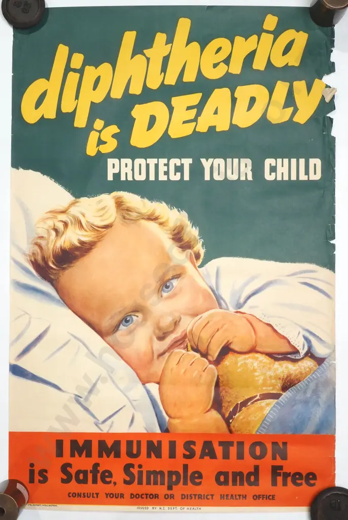 1950s New Zealand Health Dept Poster 'Diphtheria is Deadly' (Offset Lithograph) Image 1++