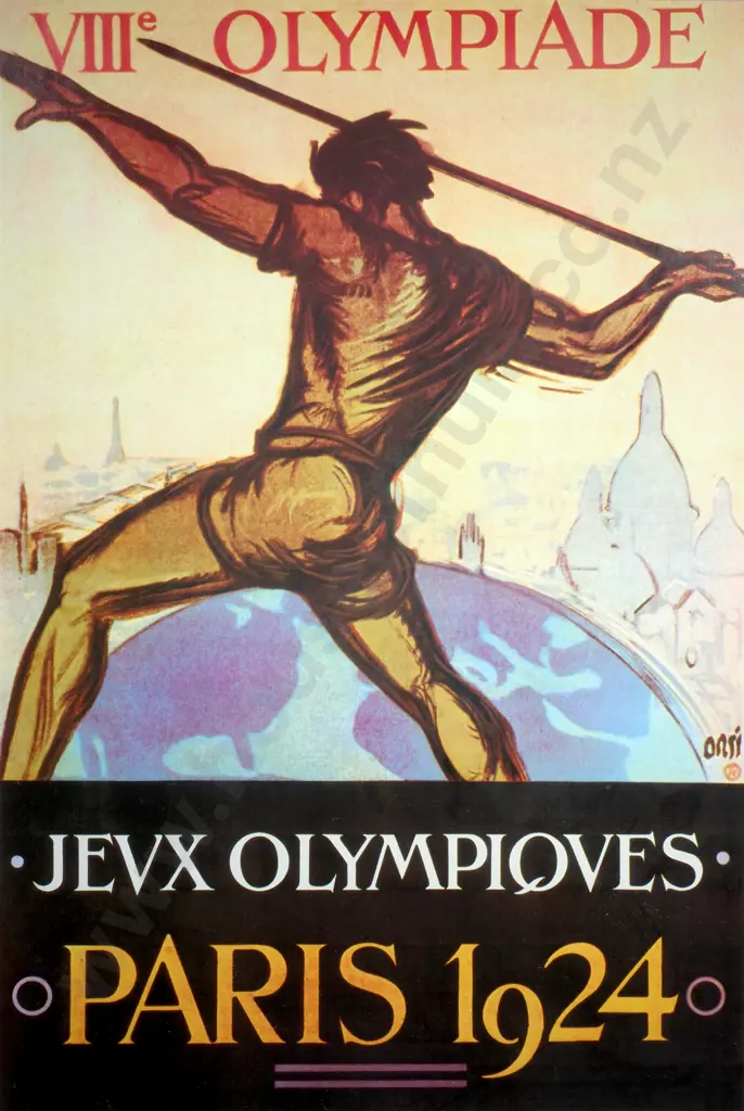 Framed Vintage Reproduction of the VIII Olympiad Official Poster in French, Paris 1924 Image 1++
