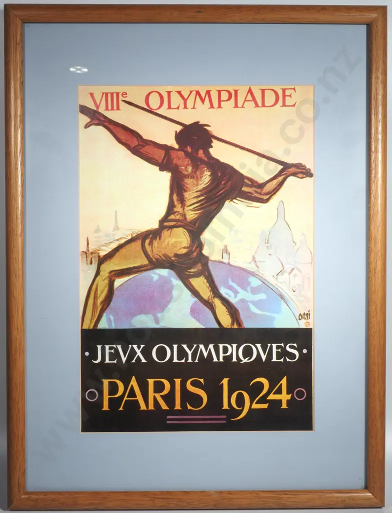 Framed Vintage Reproduction of the VIII Olympiad Official Poster in French, Paris 1924 Image 1++