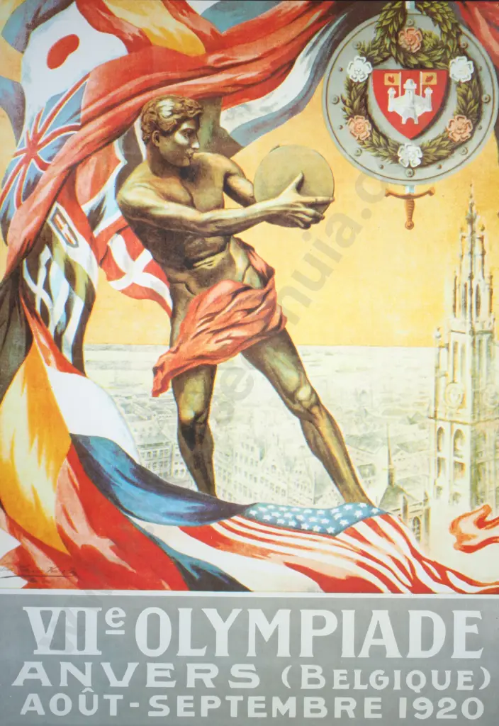 Framed Vintage Reproduction of the Official Poster for the 1920 Summer Olympics in Antwerp by Walter Van der Ven Image 1++