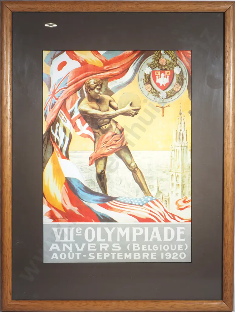 Framed Vintage Reproduction of the Official Poster for the 1920 Summer Olympics in Antwerp by Walter Van der Ven Image 1++