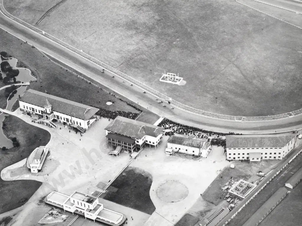 Victor Carlyle Browne - 'Addington Trotting Ground, Showing the Finish of a Race from the Air'-Gelatin Silver Photograph Image 1++