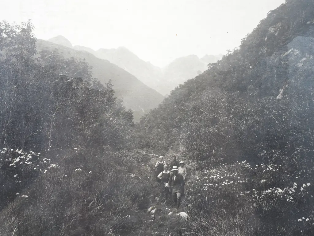 Photograph of a Group Walking Through the Wilmot Pass, Lake Manapouri, c.1900 Image 1++