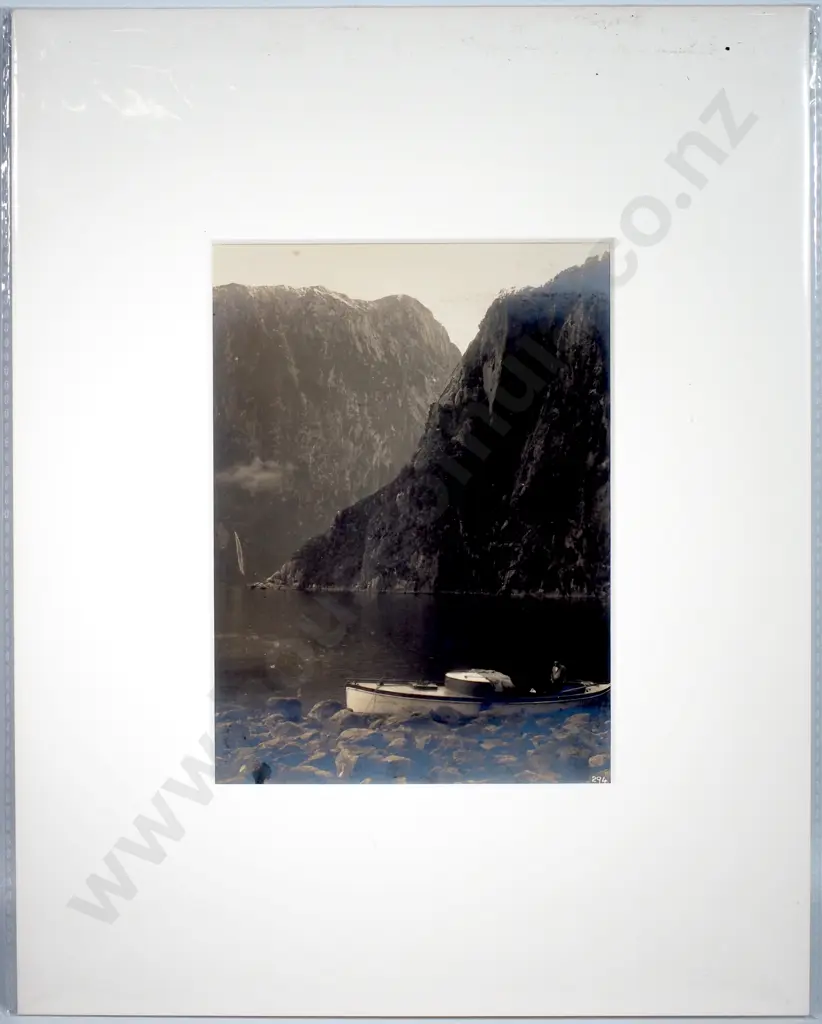Photograph of Milford Sound & Stirling Falls with a Boat in the Foreground - c.1900 Image 1++