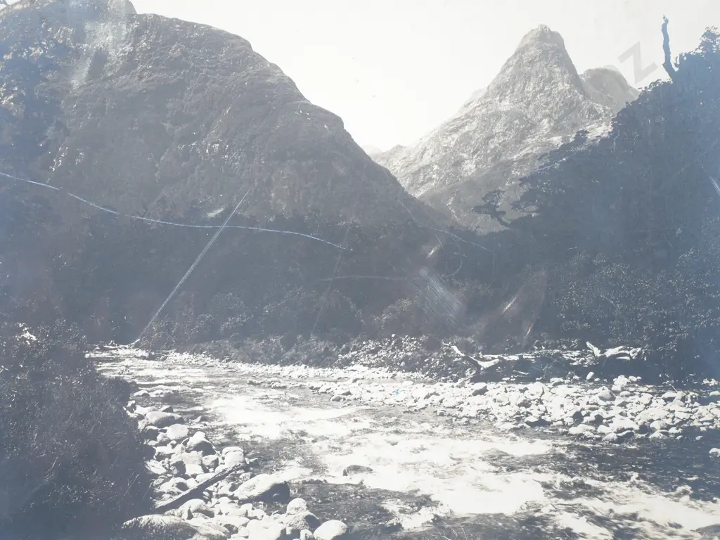 Photograph of Mounts Balloon & Elliott from Sutherland Falls, c.1900 Image 1++