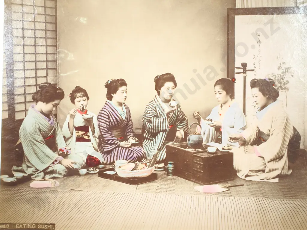 Japanese Albumen Photo of Women Eating Sushi, c.1880 Image 1++