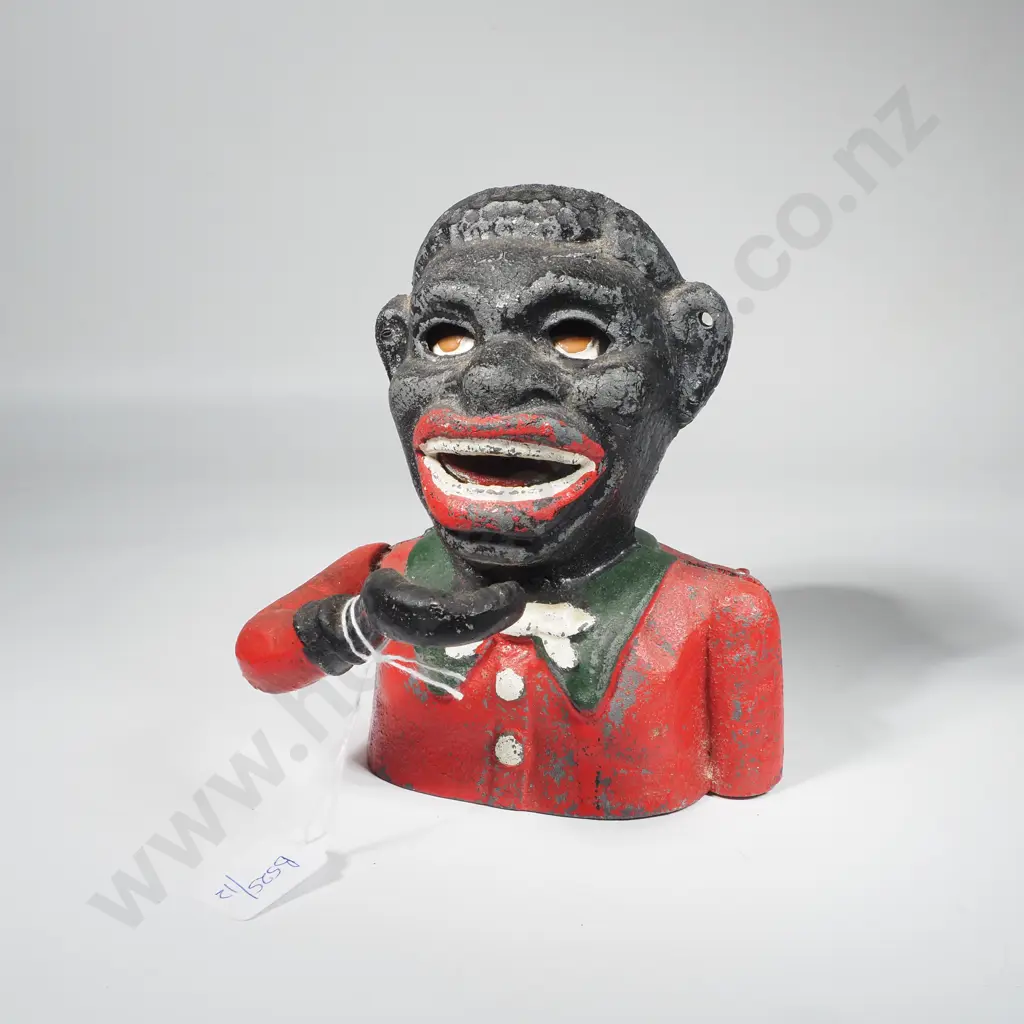 Cast Iron Mechanical Jolly Boy Money Bank w Red Coat & Green Collar Image 1++