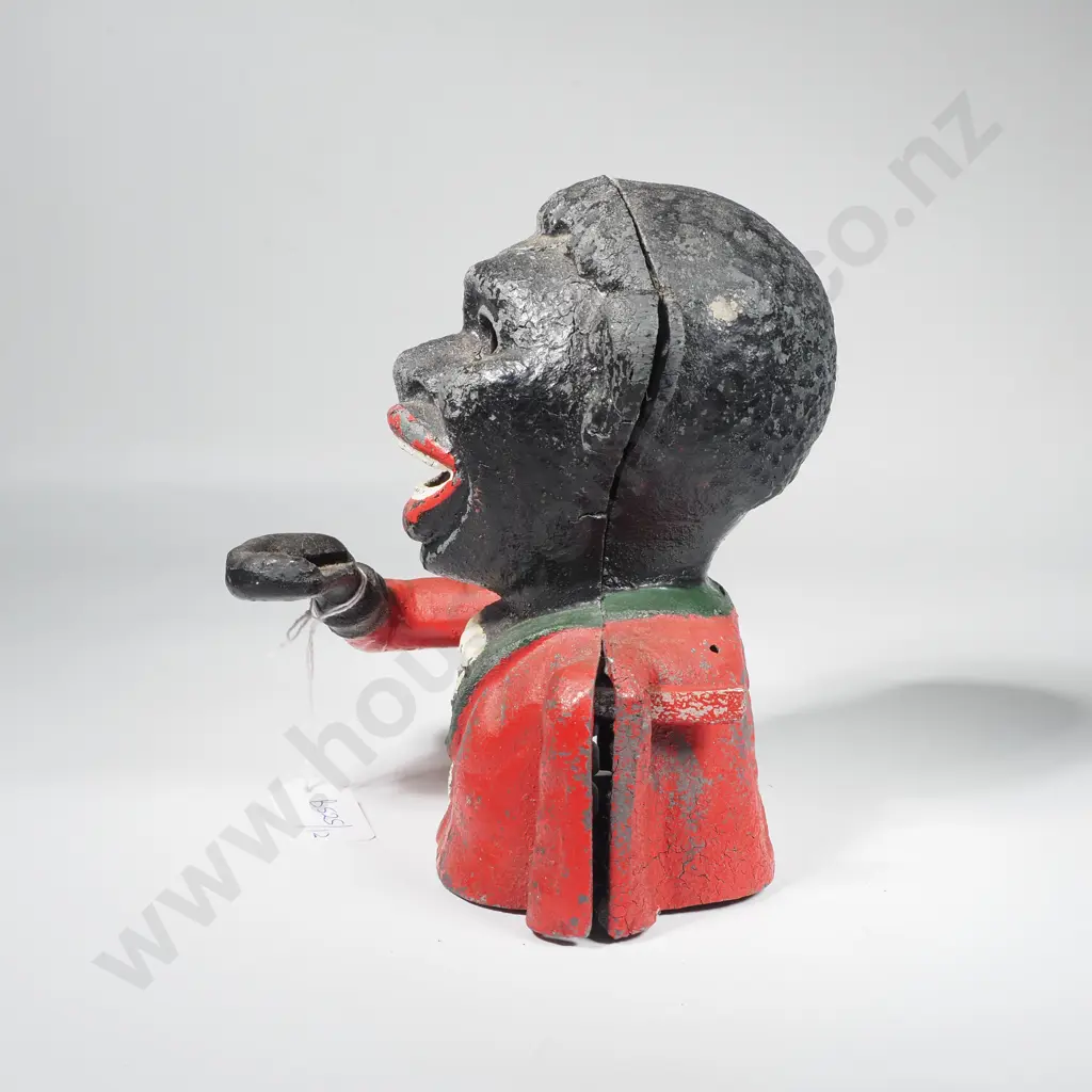 Cast Iron Mechanical Jolly Boy Money Bank w Red Coat & Green Collar Image 1++