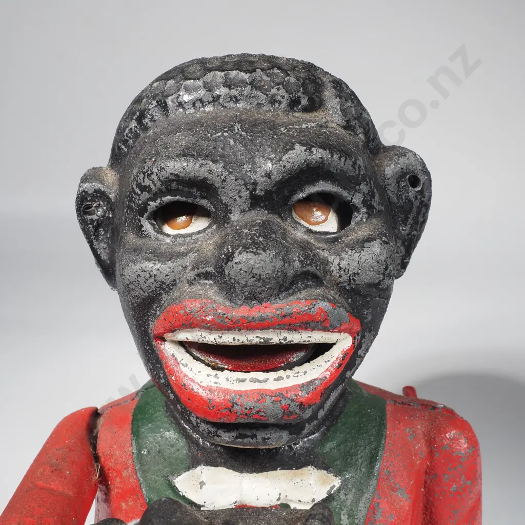 Cast Iron Mechanical Jolly Boy Money Bank w Red Coat & Green Collar Image 1++