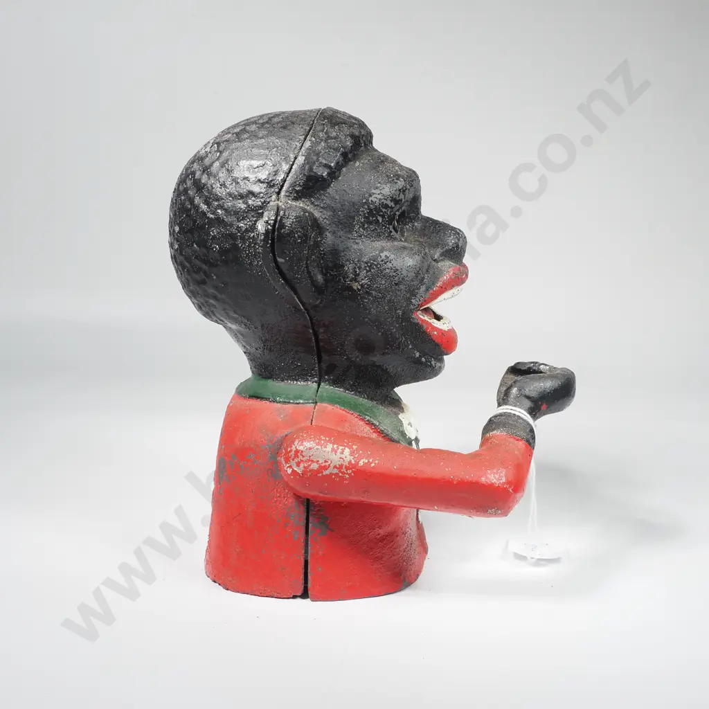 Cast Iron Mechanical Jolly Boy Money Bank w Red Coat & Green Collar Image 1++