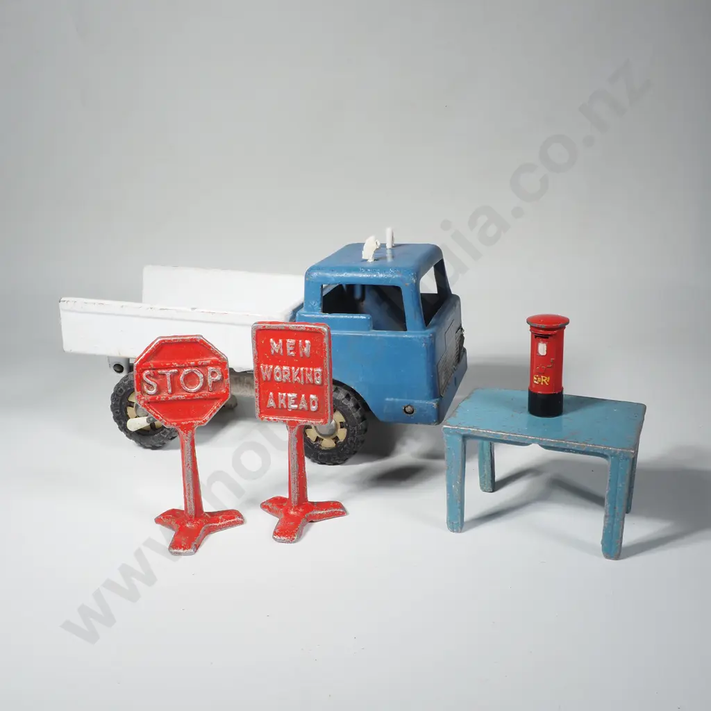 Vintage Blue & White Funho Dump Truck, Stop Sign, Men Working Sign, Table & Miniature Dinky Postbox Image 1++
