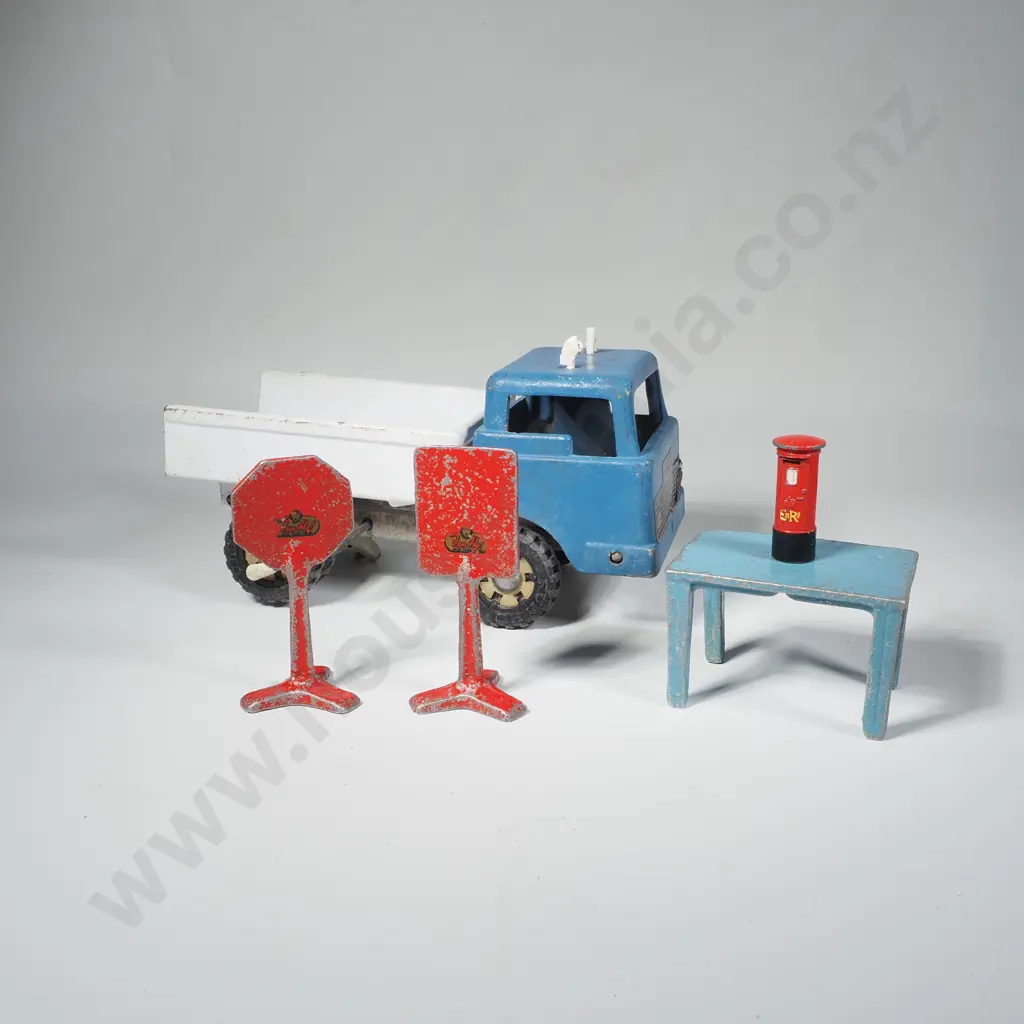 Vintage Blue & White Funho Dump Truck, Stop Sign, Men Working Sign, Table & Miniature Dinky Postbox Image 1++