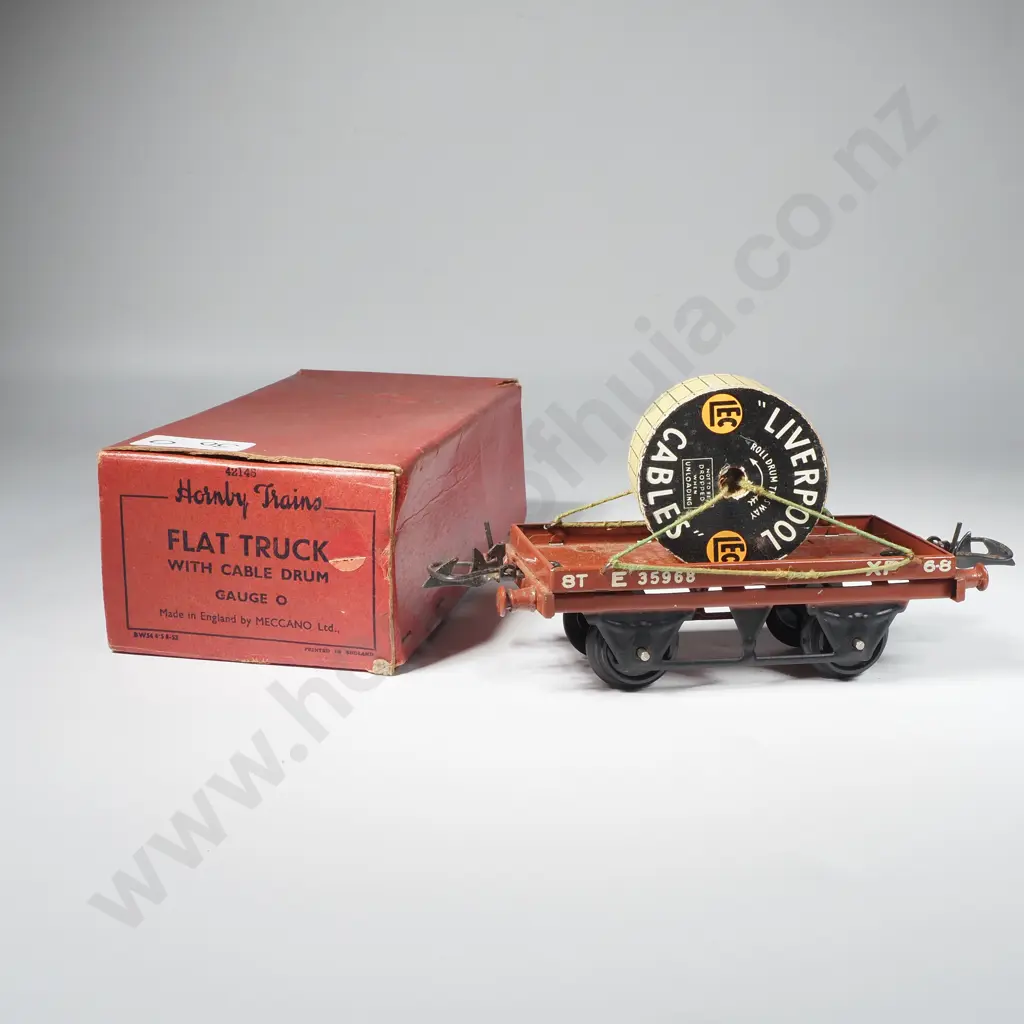 Hornby O Gauge Flat Trunk w Cable Drum  'National Benzole'  42148  Boxed Image 1++