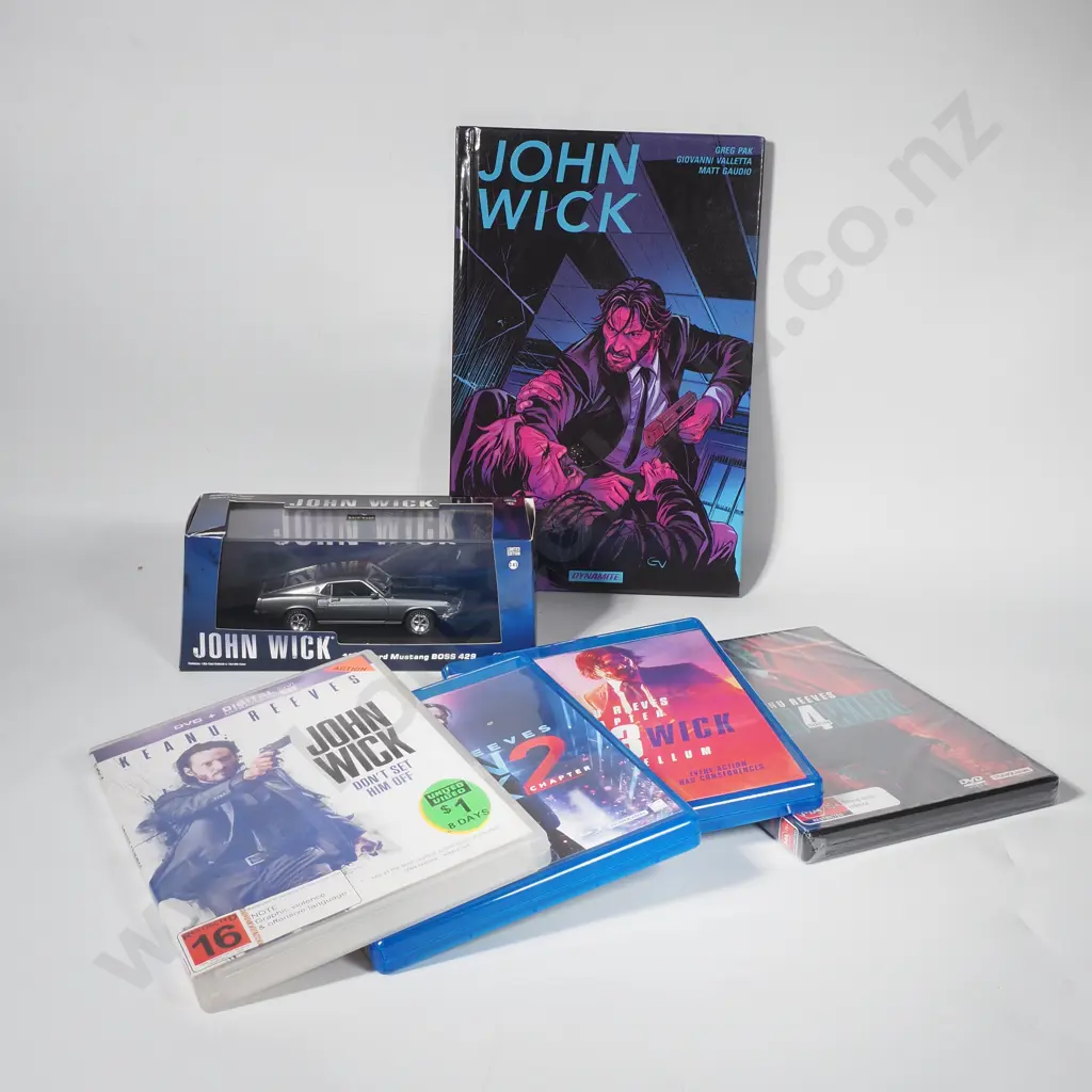 Four John Wick Movies, Comic Book & 1969 Ford Mustang Car Model Image 1++