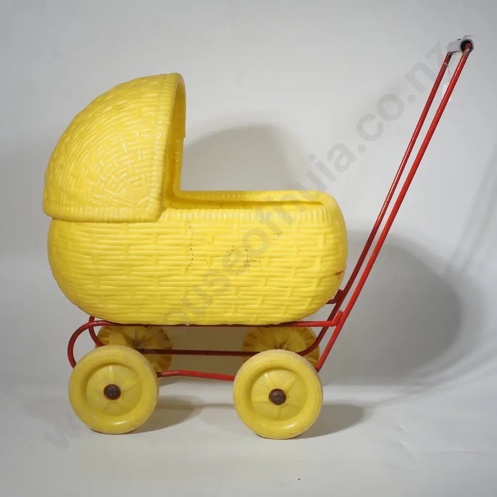 Vintage Yellow Plastic Wicker Dolls Pram. Circa 1970 Image 1++