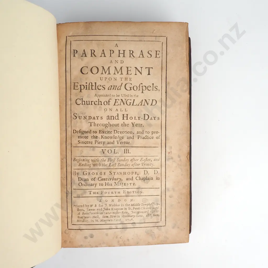 Stanhope George - A Paraphrase and Comment upon the Epistles and Gospels, Three Volumes, W.B / F.R / M.F, London, 1726 Image 1++