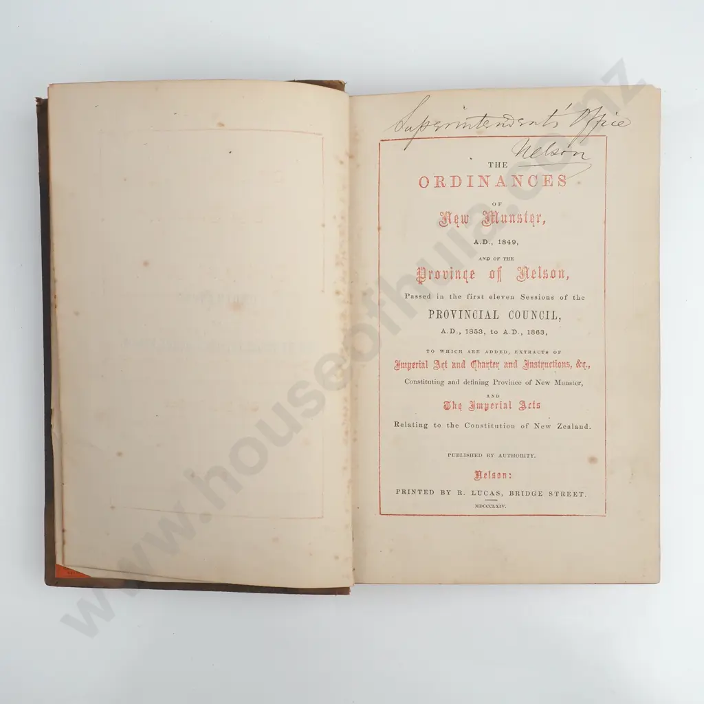 'The Ordinaces of New Munster, A.D. 1849 and the Province of Nelson' - Relating to the Constitution of New Zealand Image 1++