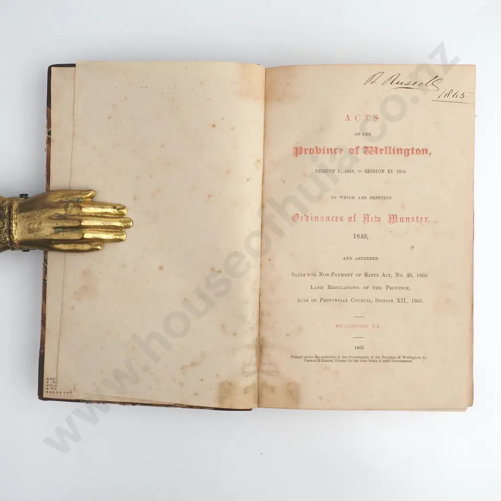 Acts of the Province of Wellington, Published Wellington Provincial Council, 1865. Image 1++