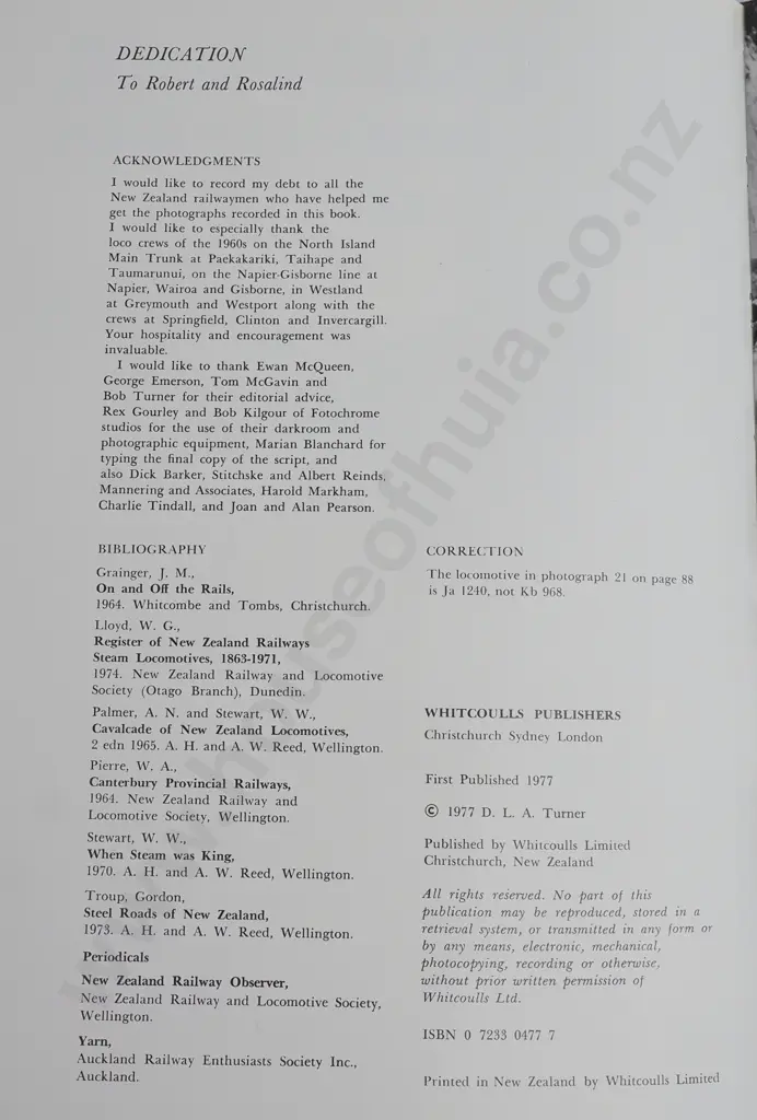 Turner DLA, 'The Last Decade: Steam Railways in New Zealand' Whitcoulls Publishers, Christchurch 1977 Image 1++