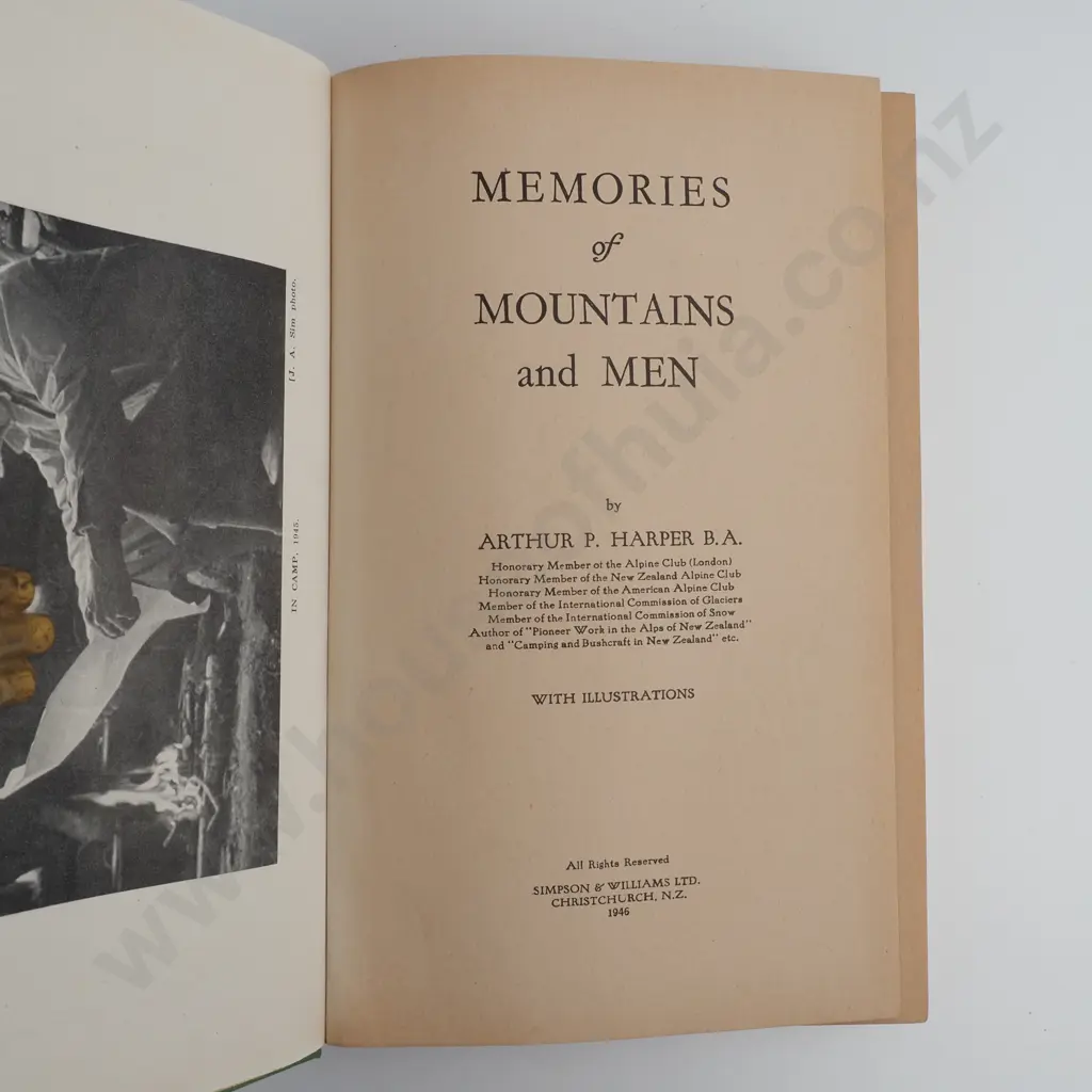 Harper. Arthur P. - Memories of Mountains & Men, Simpson & Williams Ltd, NZ, 1946 1st Edition Image 1++