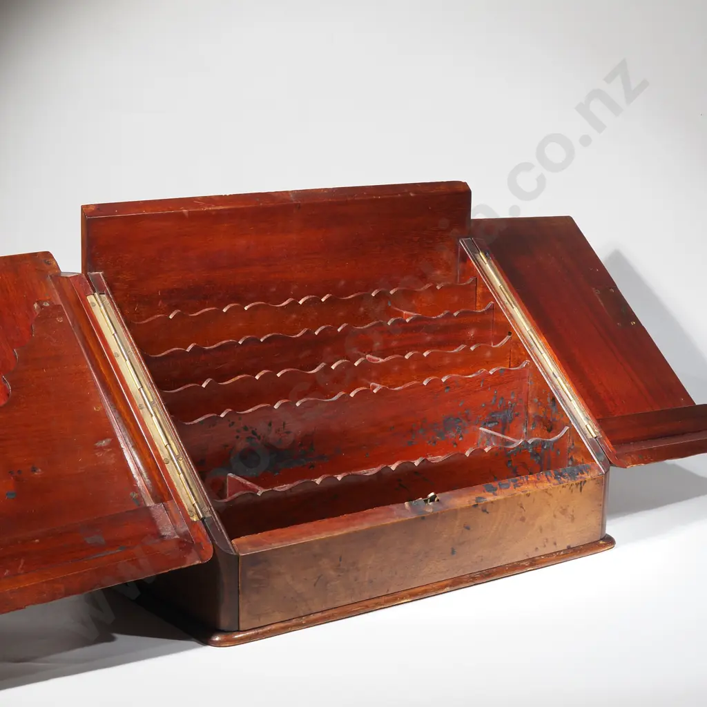 Antique Victorian Mahogany Desktop Stationery Cabinet w Sloping Front, Two Hinged Panel Doors & Drawer Below Image 1++