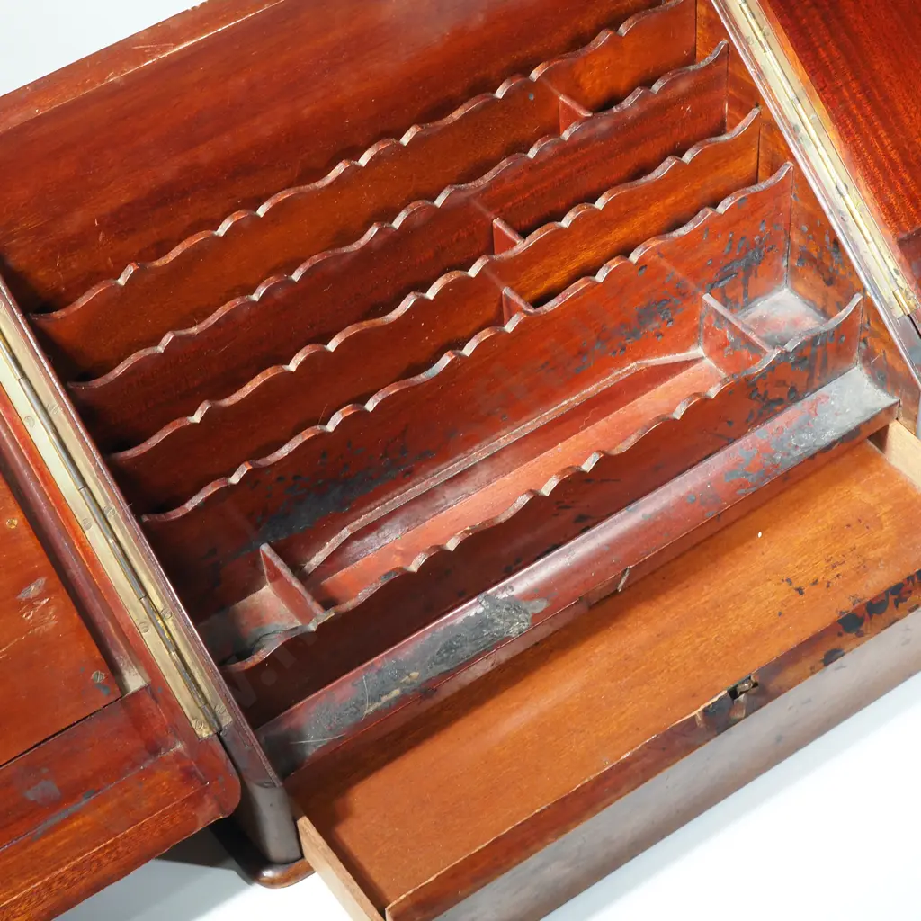 Antique Victorian Mahogany Desktop Stationery Cabinet w Sloping Front, Two Hinged Panel Doors & Drawer Below Image 1++