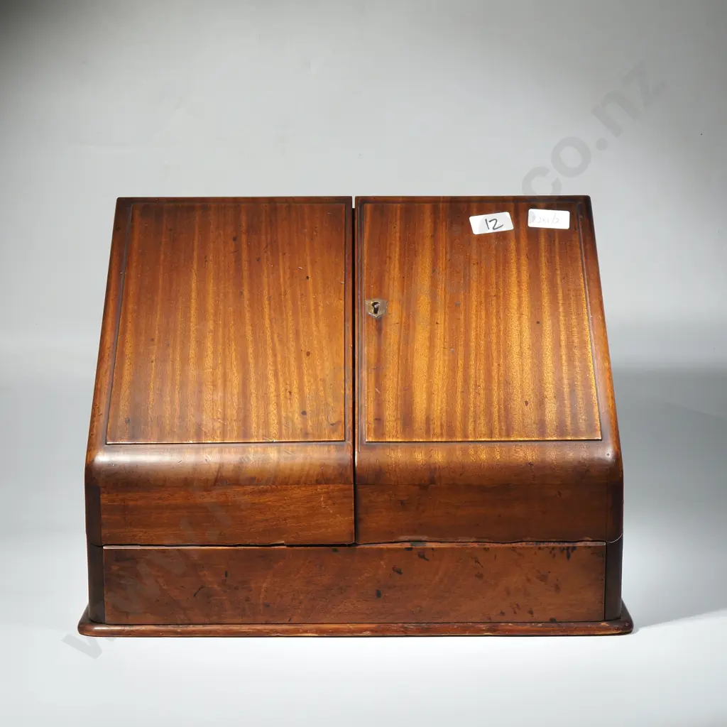 Antique Victorian Mahogany Desktop Stationery Cabinet w Sloping Front, Two Hinged Panel Doors & Drawer Below Image 1++