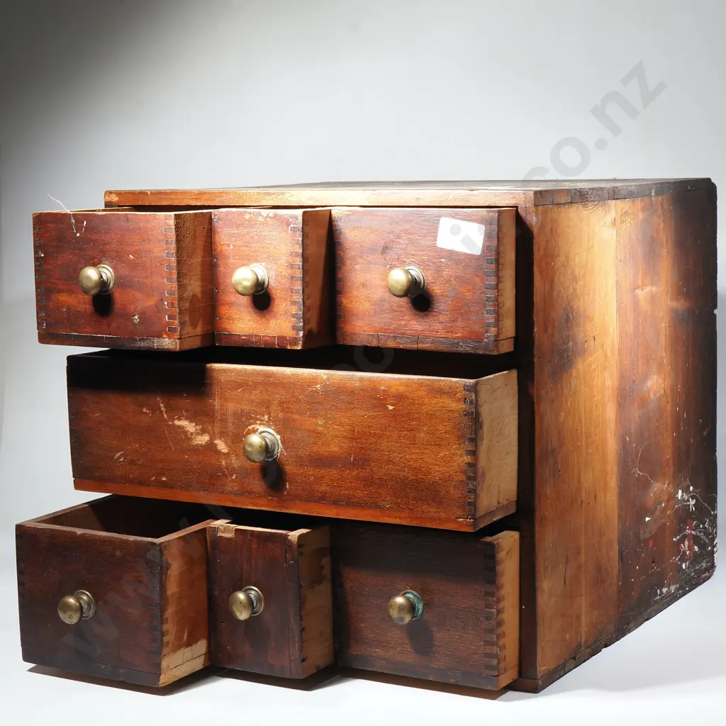 Vintage Wooden Cabinet, Possibly for Spices, Featuring Seven Drawers w Brass Knobs Image 1++
