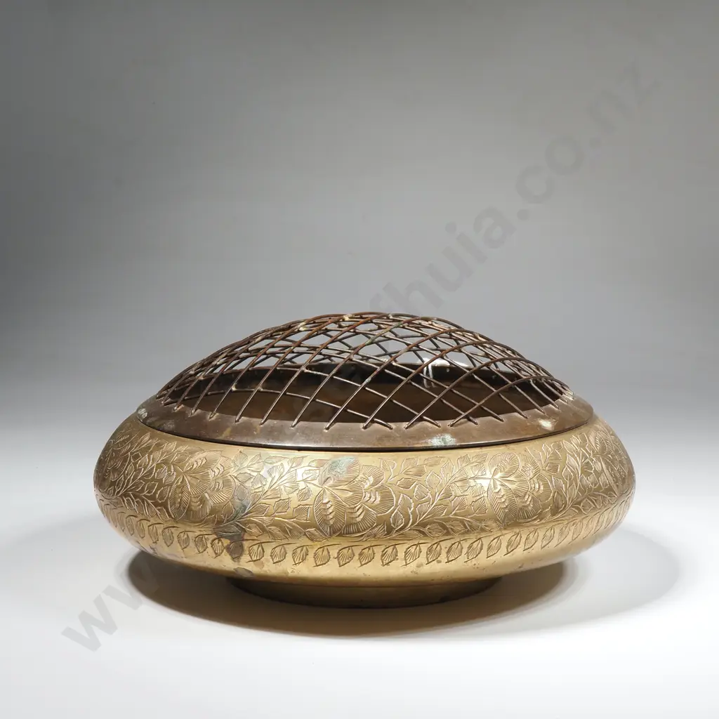 Brass Flower Frog with Etched Floral Leaf Pattern Image 1++