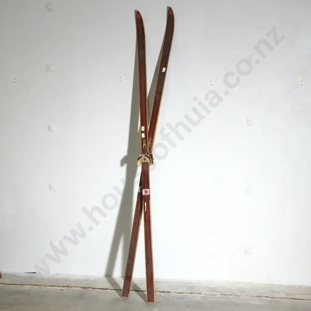 Vintage Pair of Wooden Bonna Cross-Country Skis Manufactured in Norway, w Classic 3 Pin Cable Bindings by Rottefella Image 1++