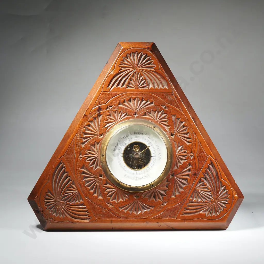 Vintage Triangular Chip Carved Aneroid Wall Barometer w Carved Wooden Casing & a Brass Bezel Image 1++