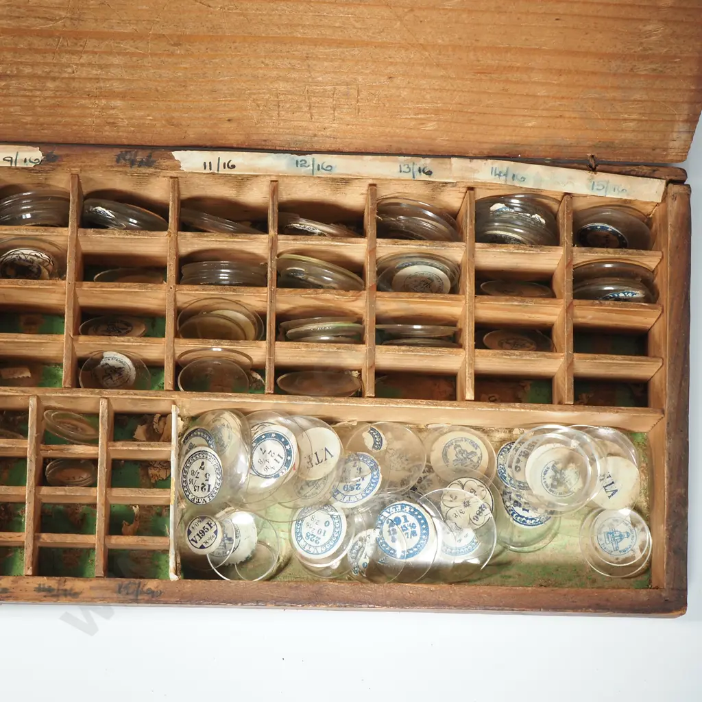 Vintage Watchmakers Box w Slope Front Containing a Large Quantity of Replacement Watch Crystals Image 1++
