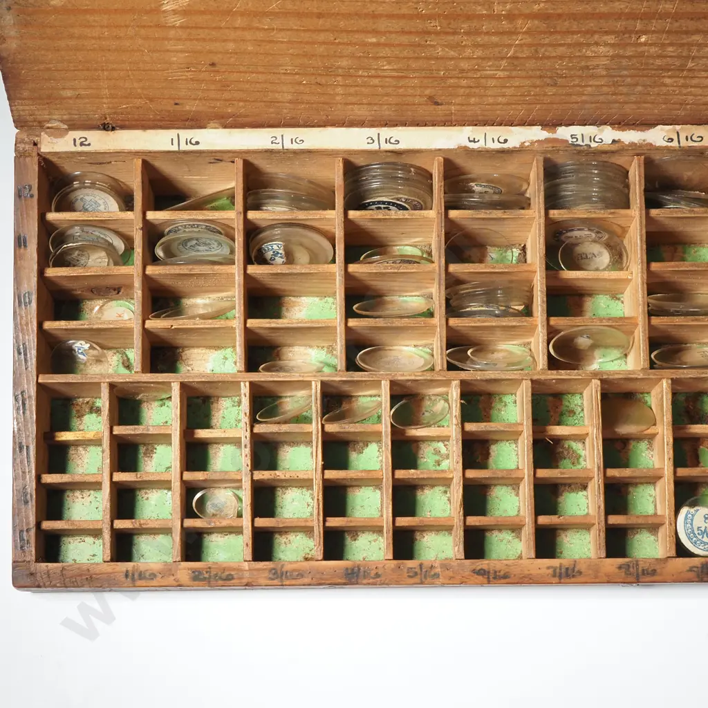 Vintage Watchmakers Box w Slope Front Containing a Large Quantity of Replacement Watch Crystals Image 1++