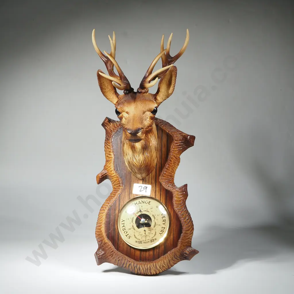 Vintage Molded Plastic French Wall Barometer by Precision Featuring a Deer's Head & Wood Veneer Finish Image 1++