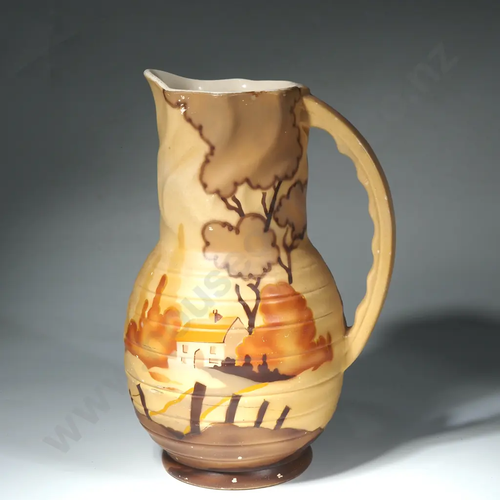 Art Deco Style Jug Decorated w Cottage & Trees, Marked Beverley Image 1++