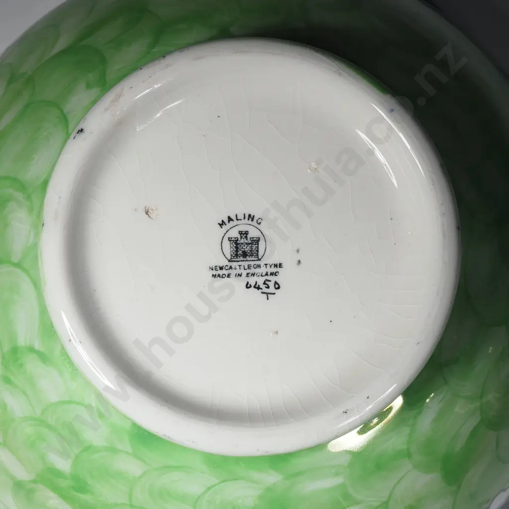 Large Green Lustre Thumbprint Bowl w Floral Pattern Image 1++