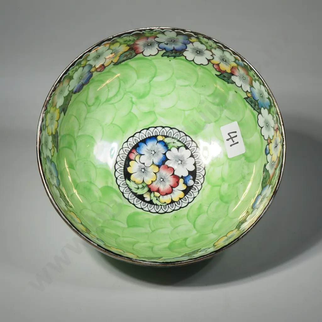 Large Green Lustre Thumbprint Bowl w Floral Pattern Image 1++
