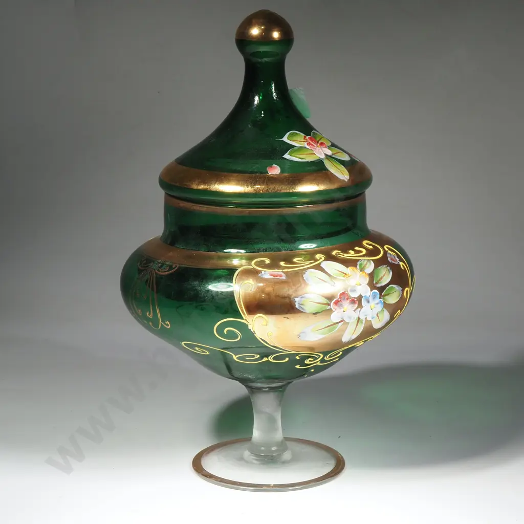 Vintage Czech /Bohemian Green Glass & Enamel Jar Image 1++