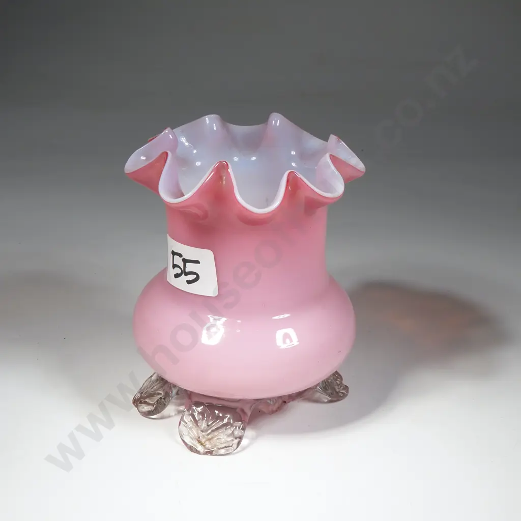 Victorian Pink & White Glass Vase with Ruffled Rim & Clear Crimped Feet A/F Image 1++