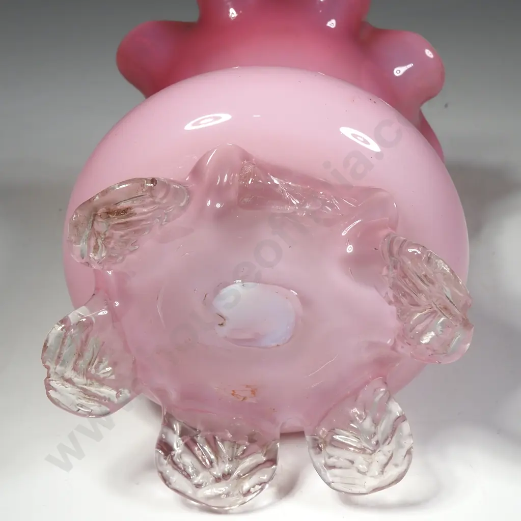 Victorian Pink & White Glass Vase with Ruffled Rim & Clear Crimped Feet A/F Image 1++