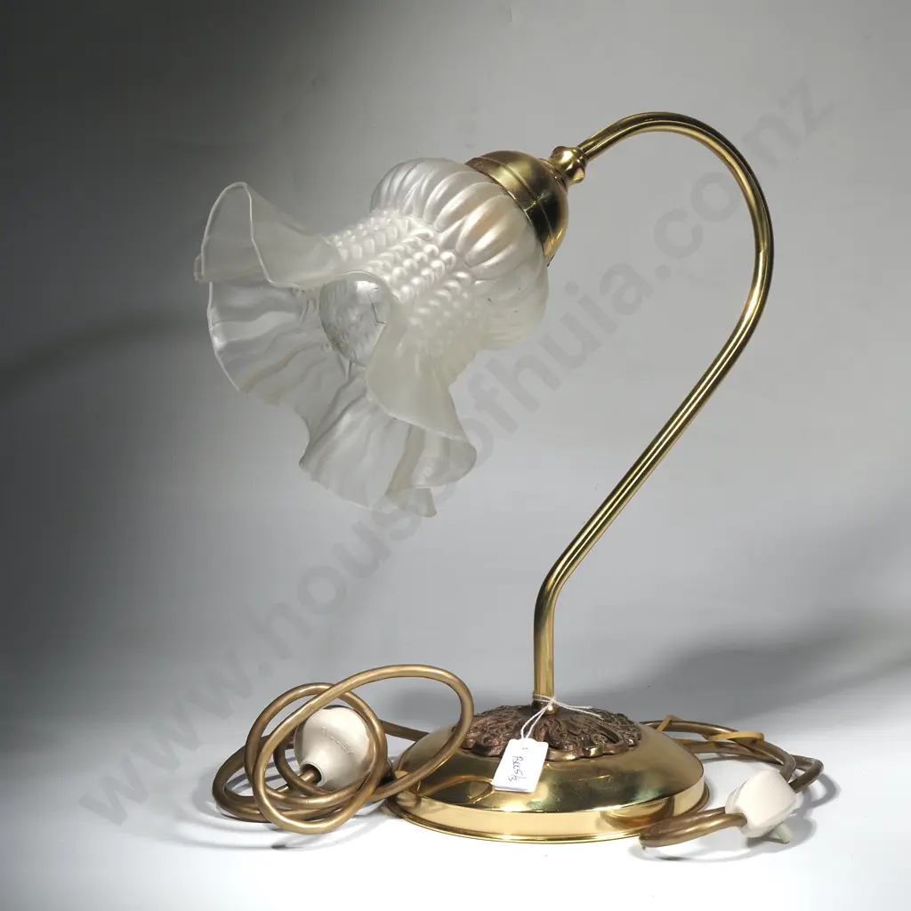 Brass & Glass Art Nouveau Style Gooseneck Table Lamp w Frosted Ruffle Shade Image 1++